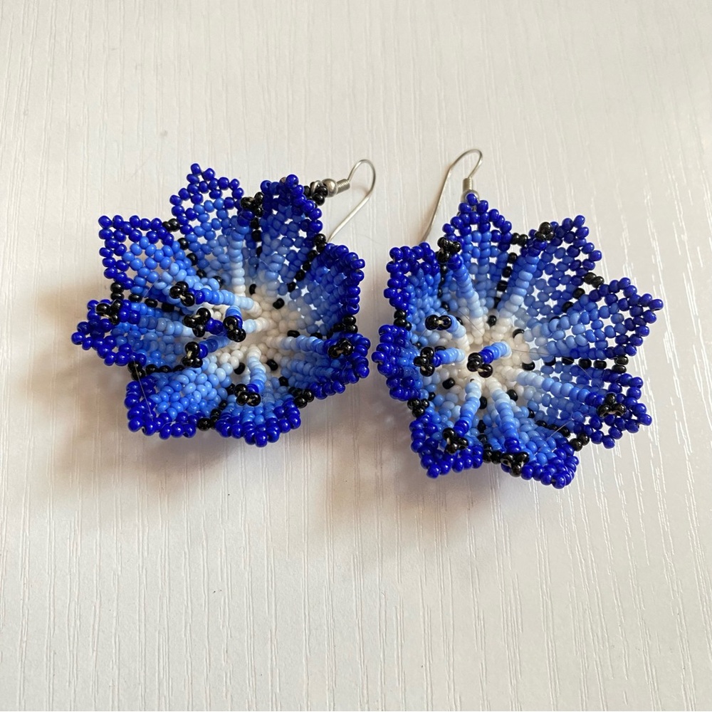 Blue Beaded Flower Earrings Kauyumari Wixárika Huichol Blue 3D Petal Blue Deer